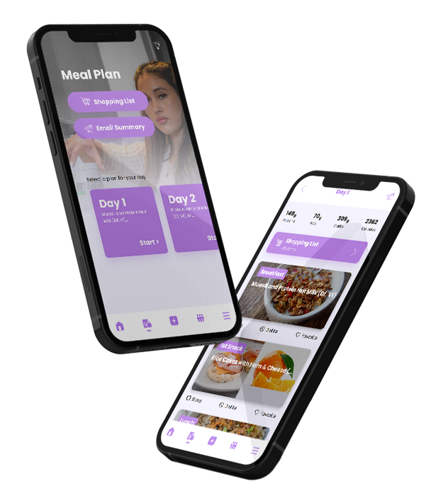 Two phones are displaying a meal plan on their screens