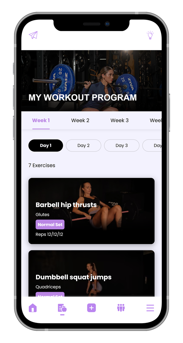 A cell phone with a workout program on the screen.