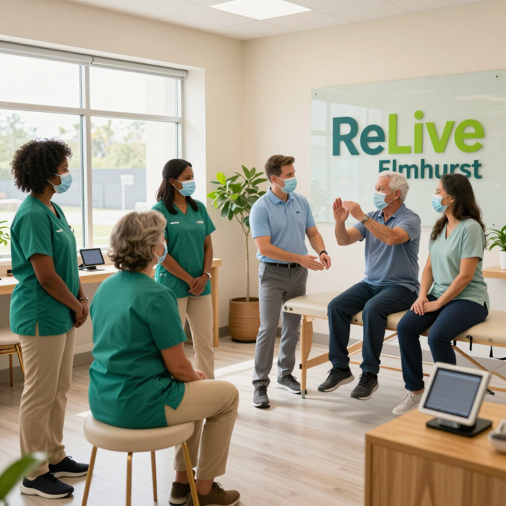 A physical therapy session at ReLive Elmhurst featuring staff in green scrubs and a therapist advising a patient.