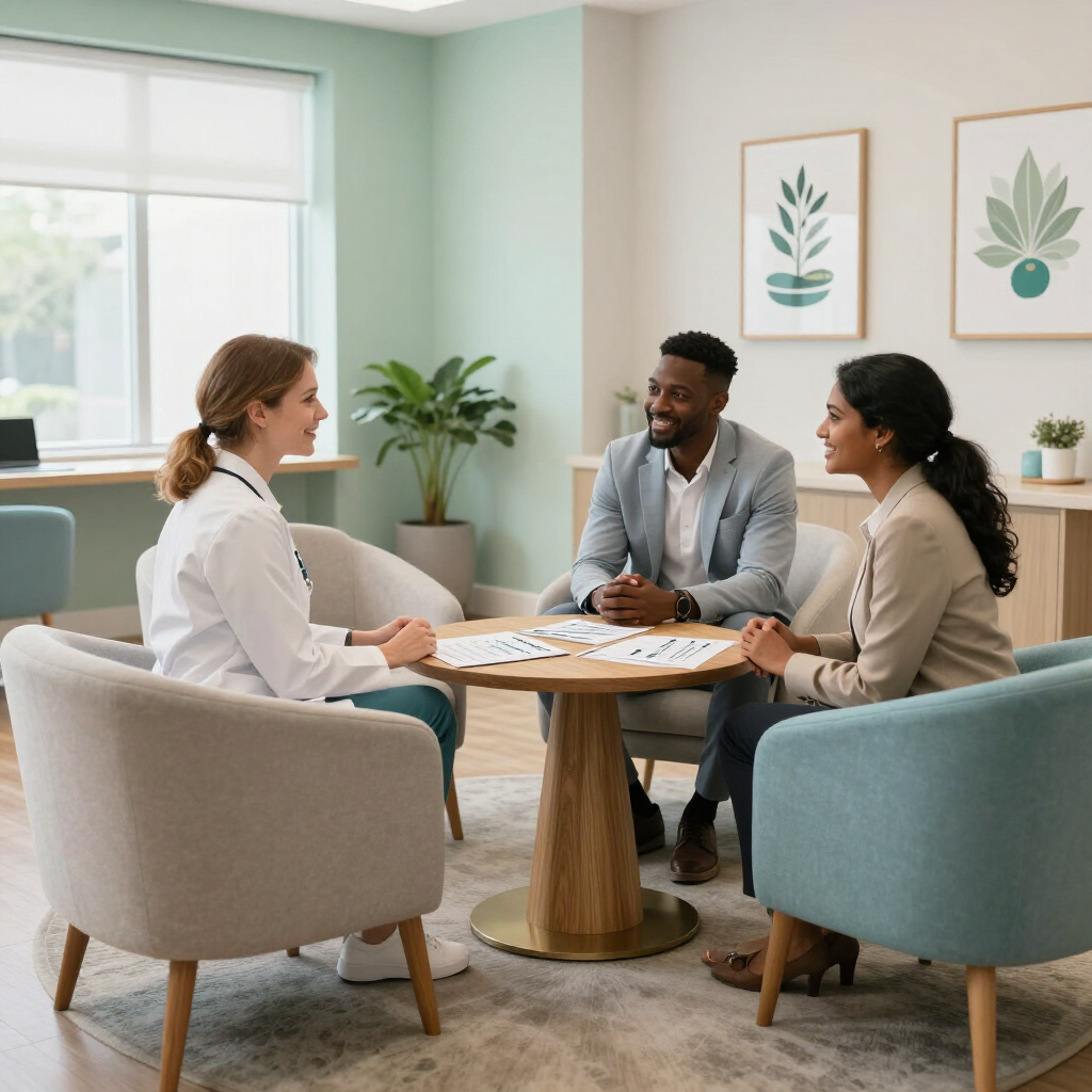 A doctor and two people in business attire sit around a small round table in a sunlit, modern office.