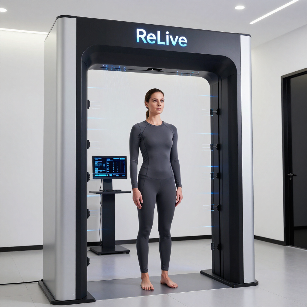 A person stands inside a ReLive body scanner frame in a bright room with a computer monitor in the background.