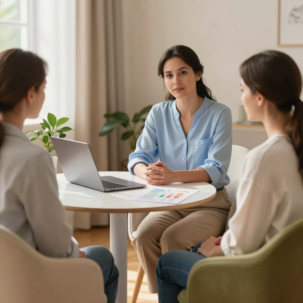 A professional meeting where three people sit around a circular table with a laptop and papers in a bright, modern office.