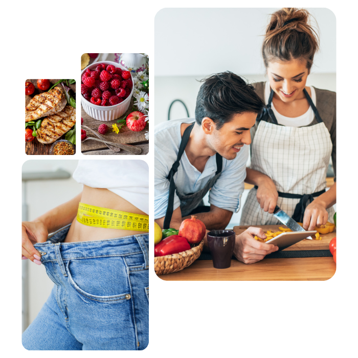 Collage: Grilled chicken and berries; couple cooking, and weight loss jeans.