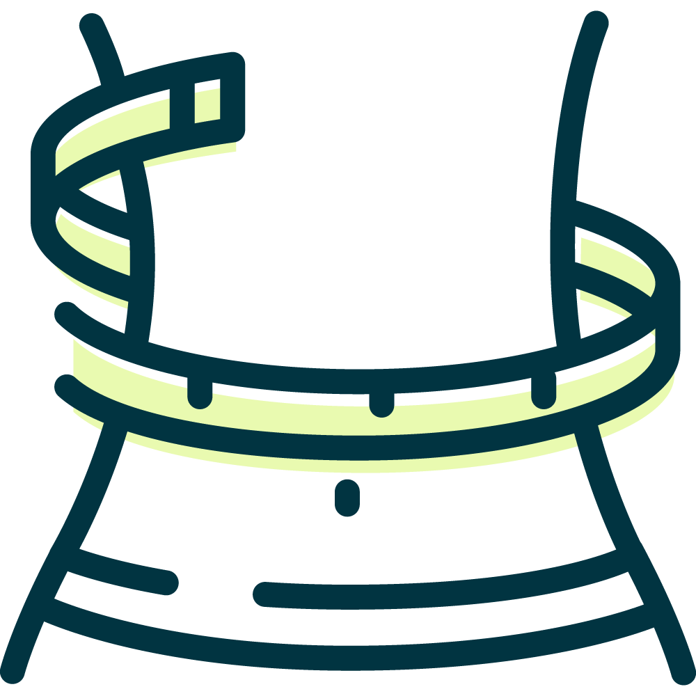 Person's torso with measuring tape around waist, indicating body measurement or weight loss.