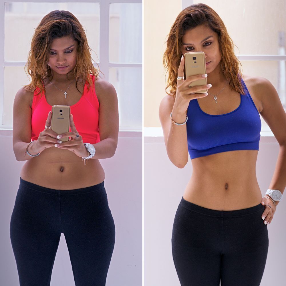 Two selfies of a person in athletic wear, before and after, showing visible abdominal toning.