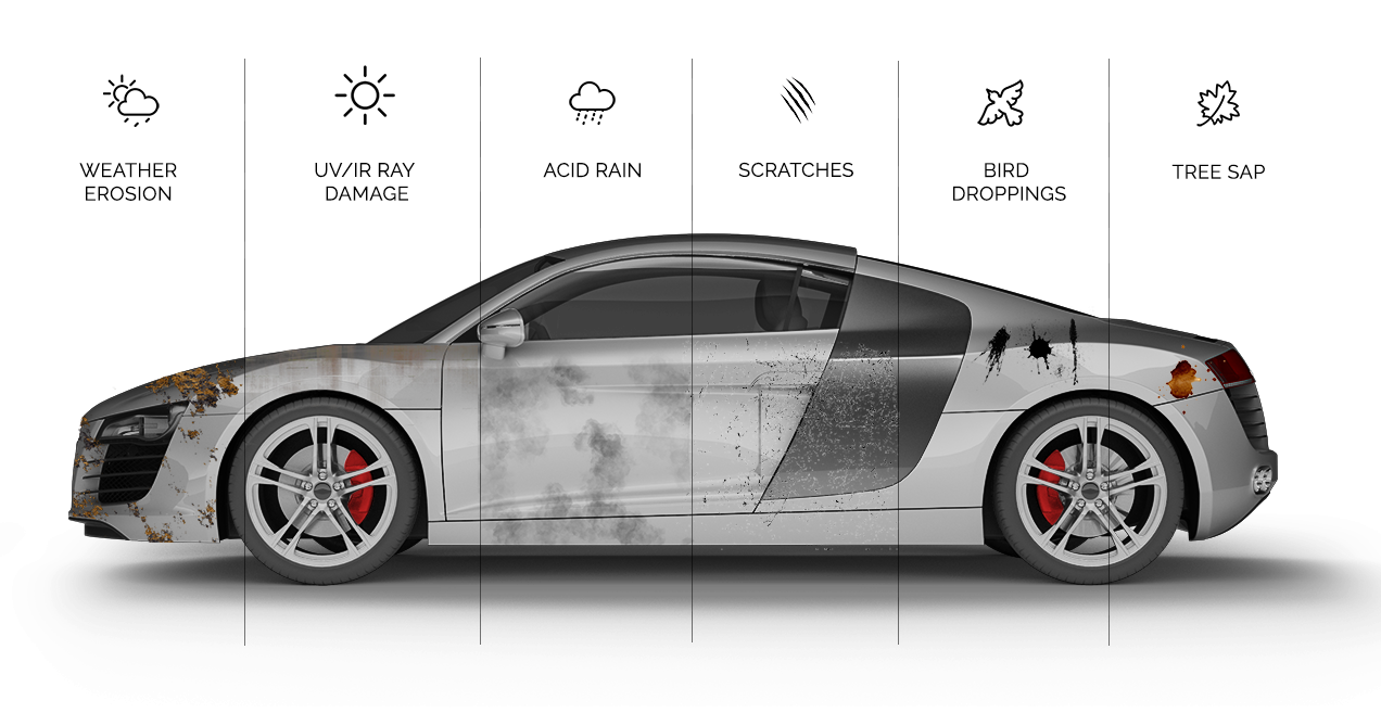 A silver car showing stages of wear and tear from weather and environmental factors.