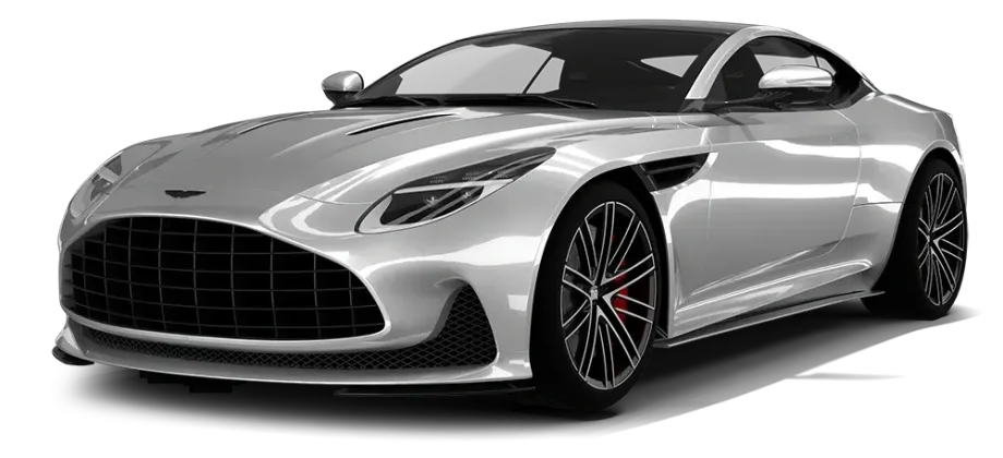 Silver luxury sports coupe on a white background, angled front view