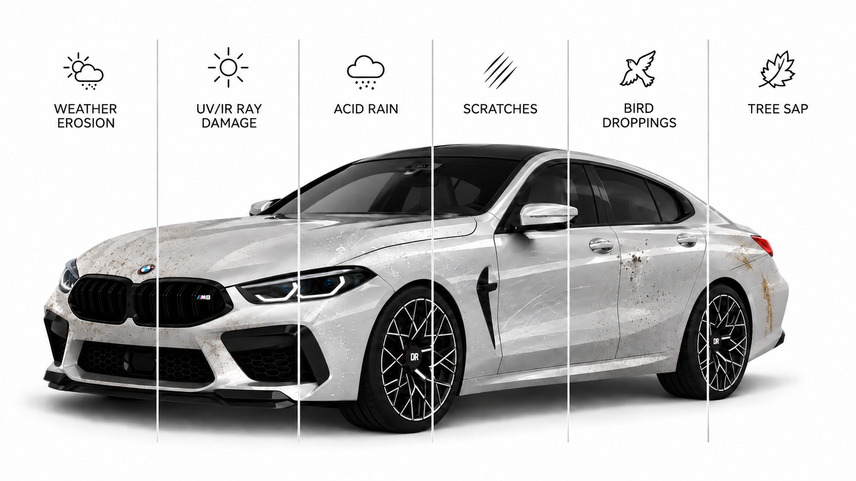 A silver car showing stages of wear and tear from weather and environmental factors.