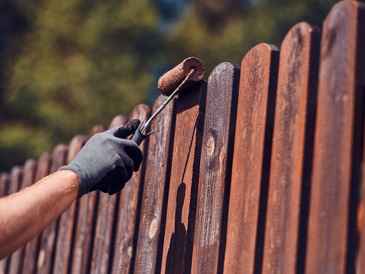 Person in black glove staining a brown wooden fence with a roller.