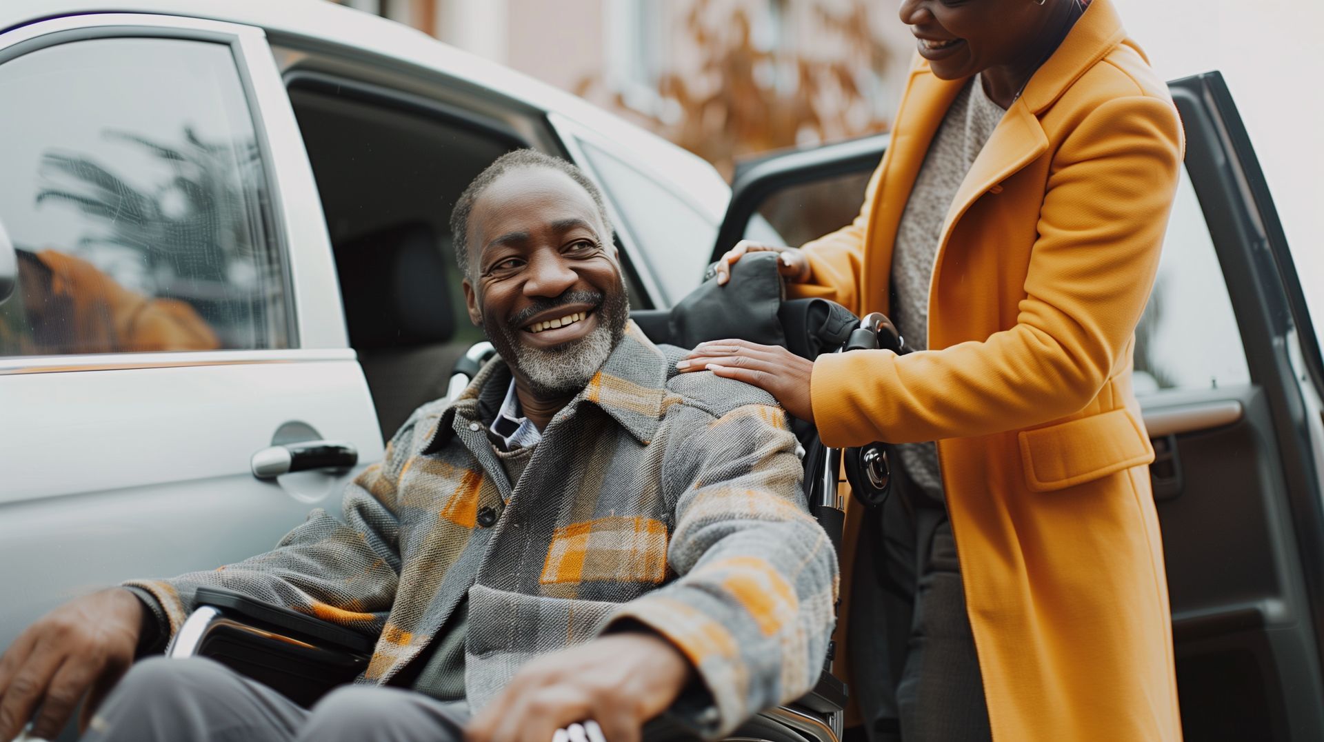 Caregiver assisting a senior man in a wheelchair with doctor appointment transportation. Caregiver assisting a senior man in a wheelchair with doctor appointment transportation.
