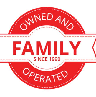 A red circular badge with white text reading