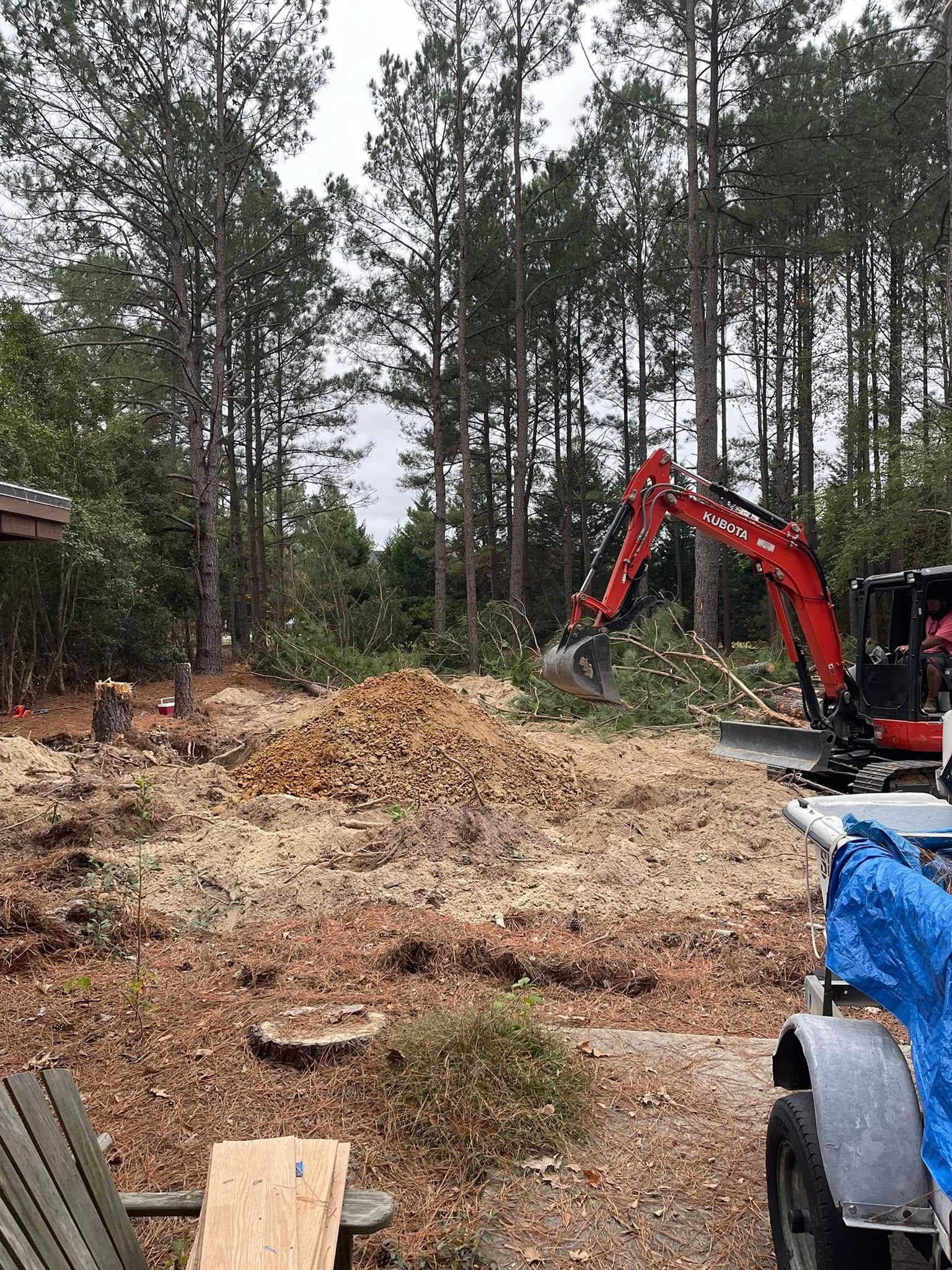 Red excavator clearing a large brush pile in a wooded yard with tall pine trees.