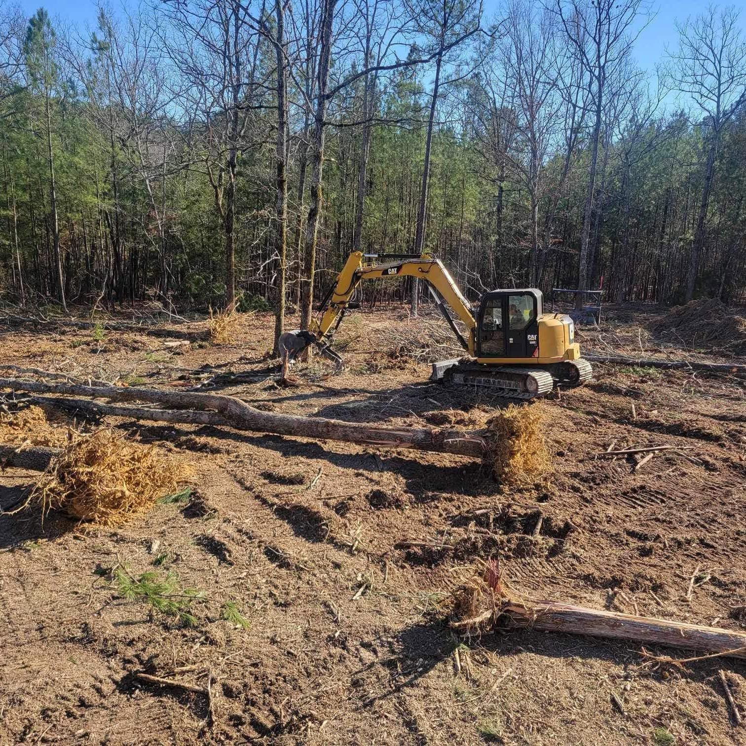 Excavator clearing brush and stumps in a wooded area on a sunny day