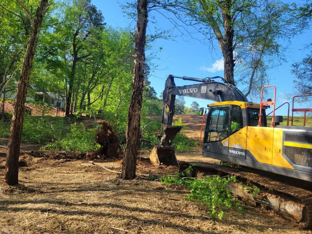 Yellow excavator clearing dirt in a wooded area under a bright blue sky