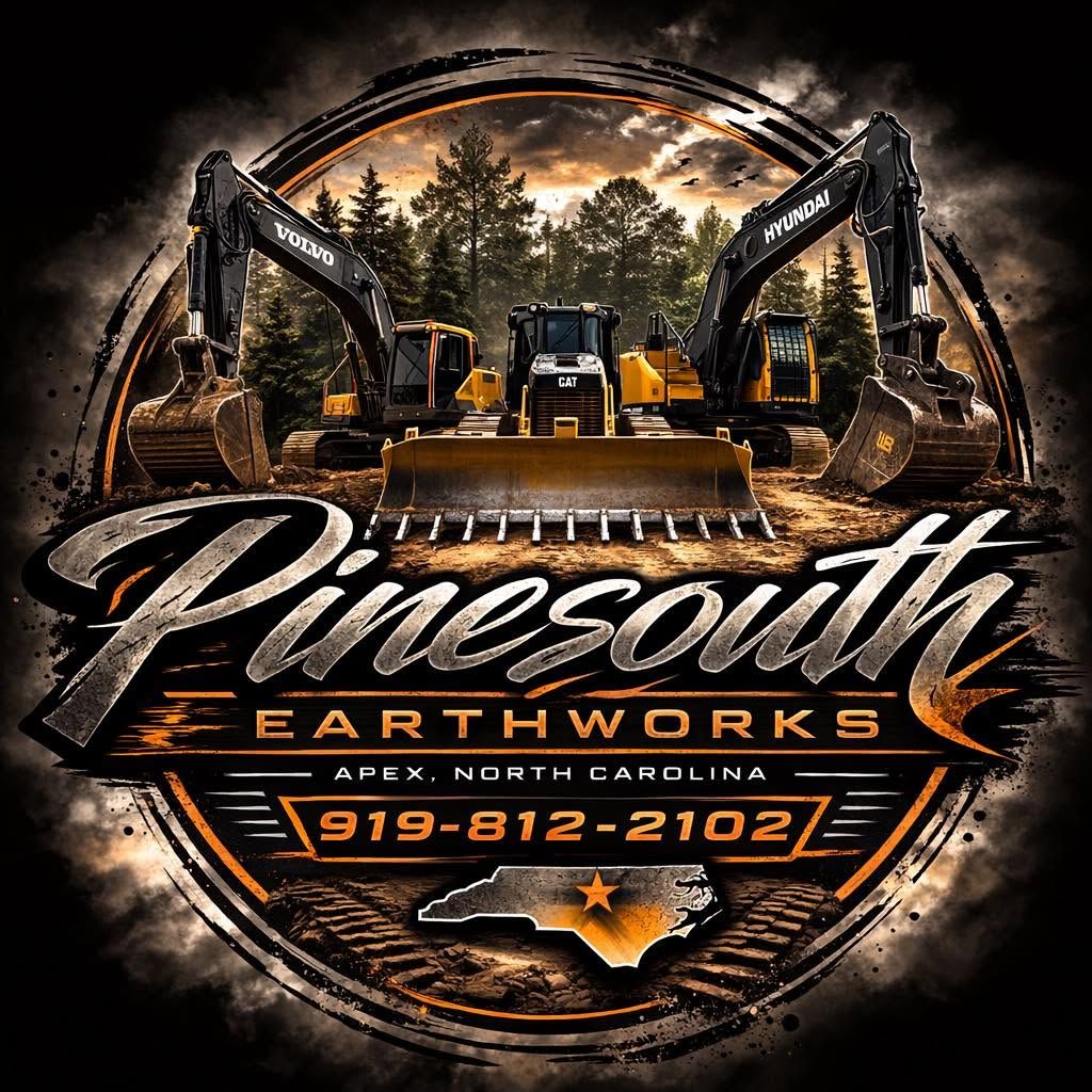 Pinesouth Earthworks logo with excavators, mountains, and bold orange-and-black text, plus phone number 919-812-2102