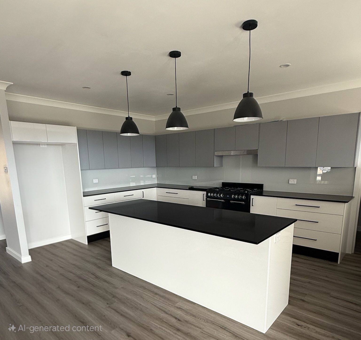 Modern Kitchen With Gray and White Cabinets, Black Island Countertop — Gateway Manufacturing in Gosford, NSW