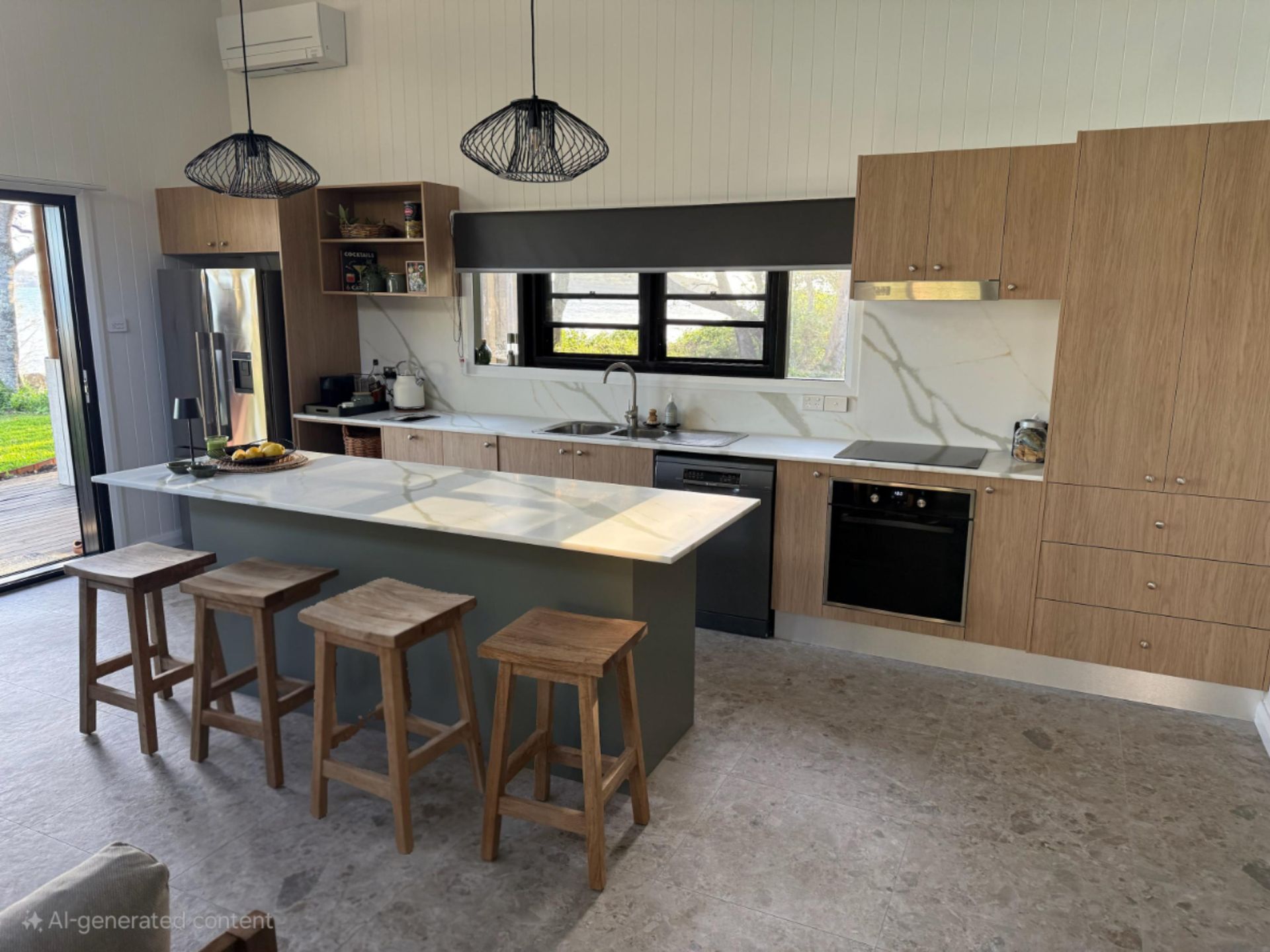 Modern Kitchen With Wooden Cabinets, Island, Stools, and Marble Countertops — Gateway Manufacturing in Port Stephens, NSW