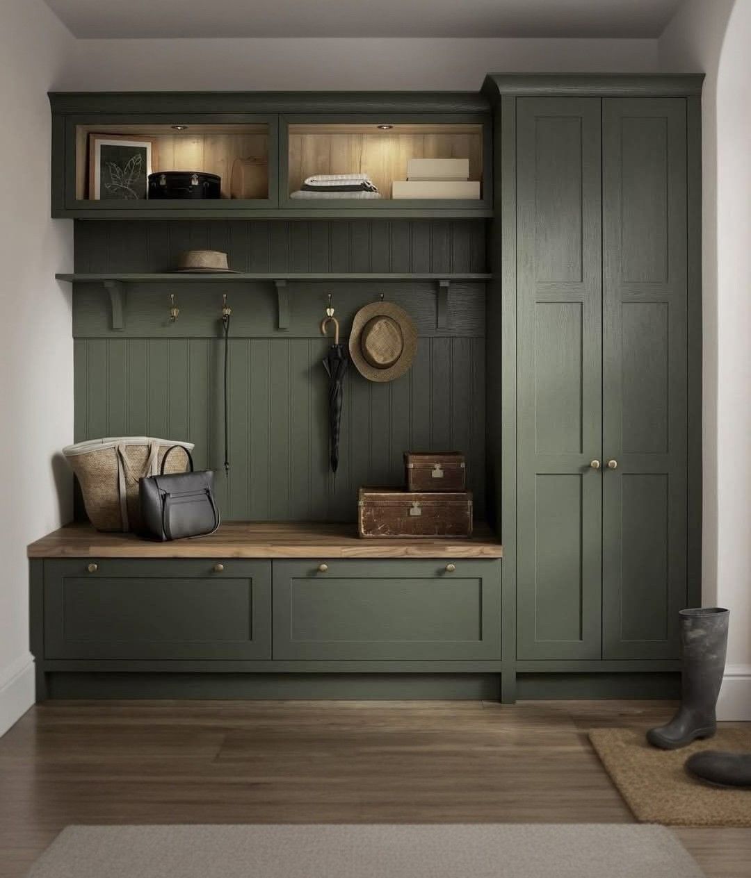 Green Built-in Entryway Storage With Bench, Shelves, and Tall Cabinet — Gateway Manufacturing in Morisset, NSW