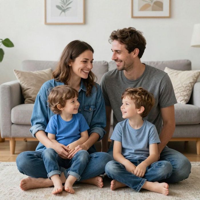 Una famiglia di quattro persone è seduta su un tappeto in soggiorno, sorridendosi a vicenda davanti a un divano grigio.