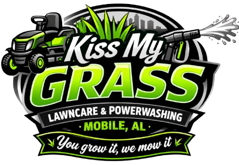 Kiss My Grass lawncare logo with green mower, lawn spray, and slogan &ldquo;You grow it, we mow it&rdquo; in Mobile, AL
