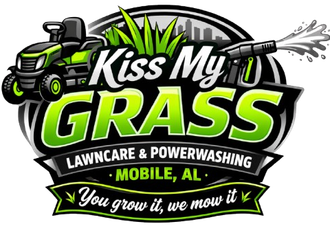 Kiss My Grass lawncare logo with green mower, lawn spray, and slogan &ldquo;You grow it, we mow it&rdquo; in Mobile, AL
