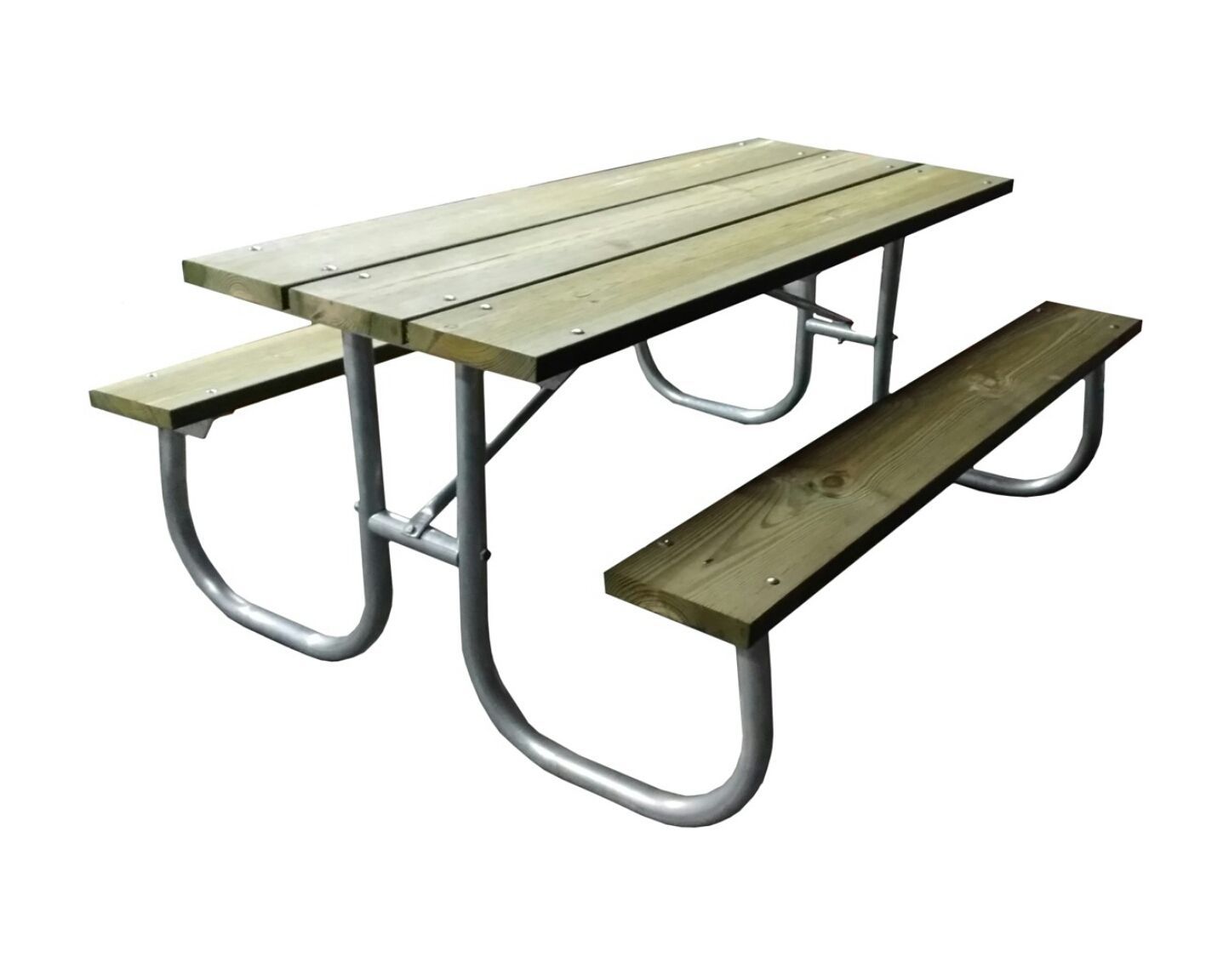 Wooden picnic table with attached benches and metal frame.