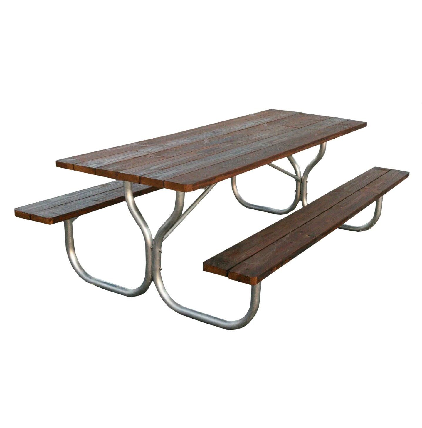 Picnic table with brown wooden planks and silver legs.