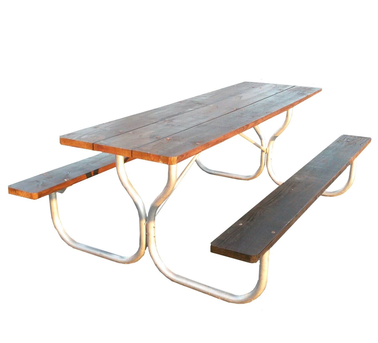 Picnic table with wooden tabletop and benches, supported by a metal frame.