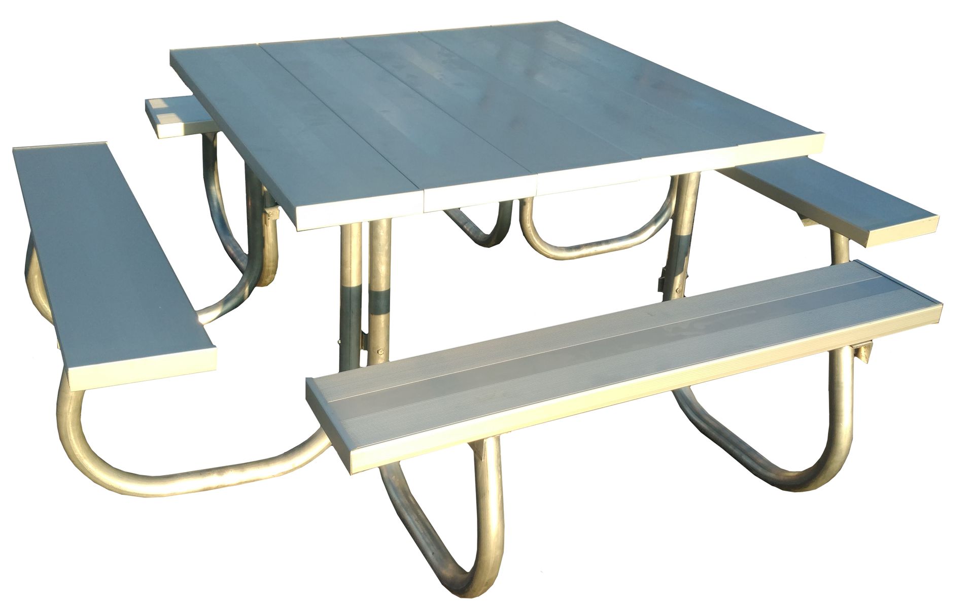 Square metal picnic table with attached benches.