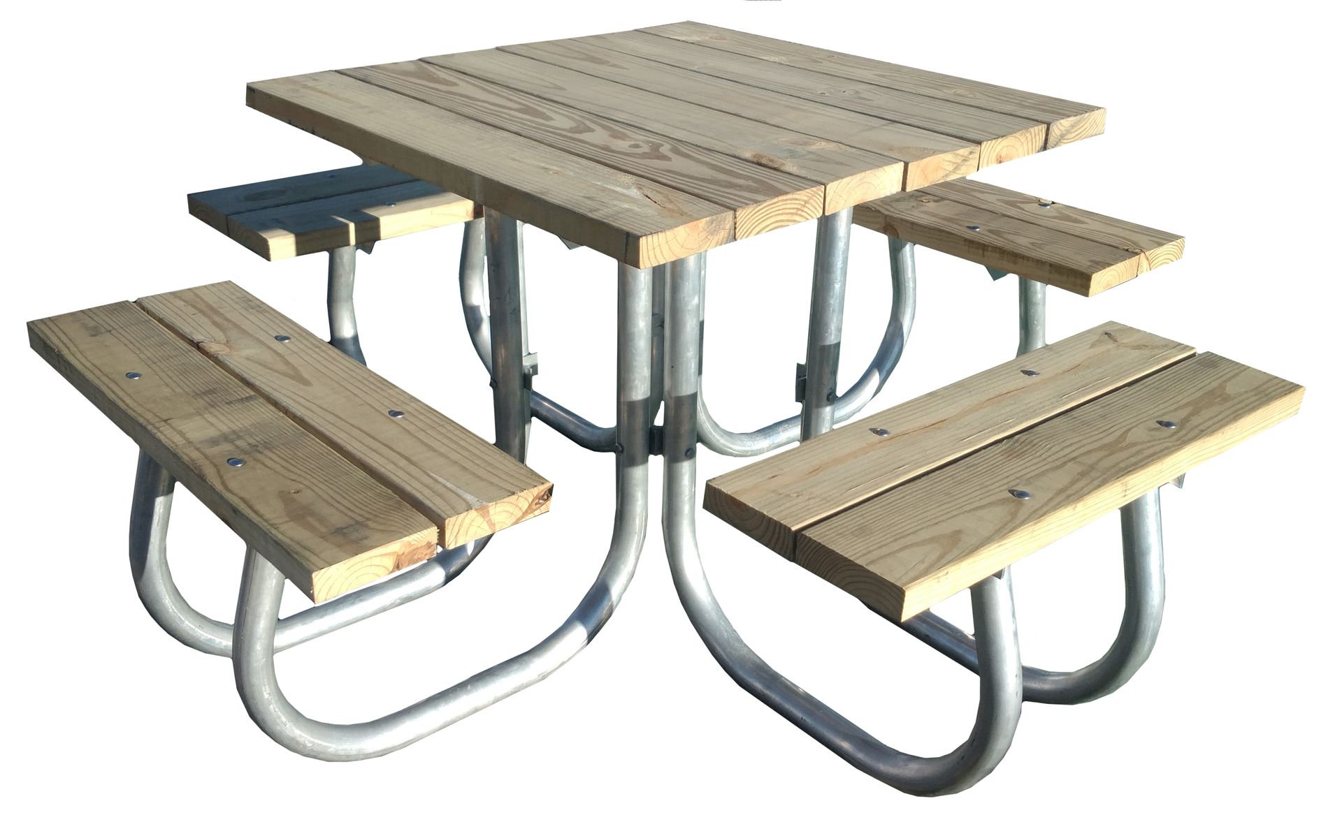 Square picnic table with wooden top and benches, supported by a metal frame.