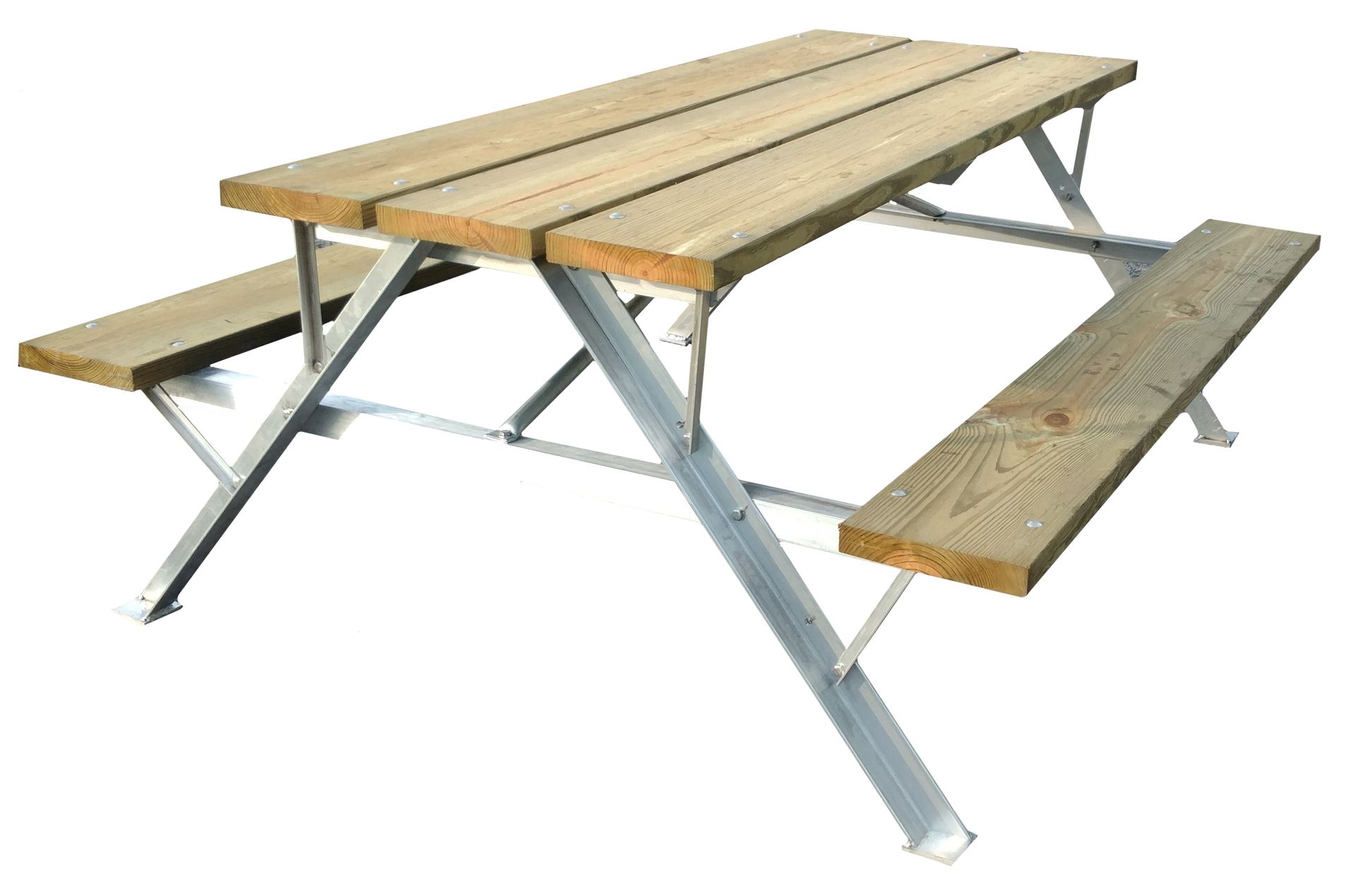 Picnic table with wooden tabletop and benches, supported by a silver metal frame, outdoors.