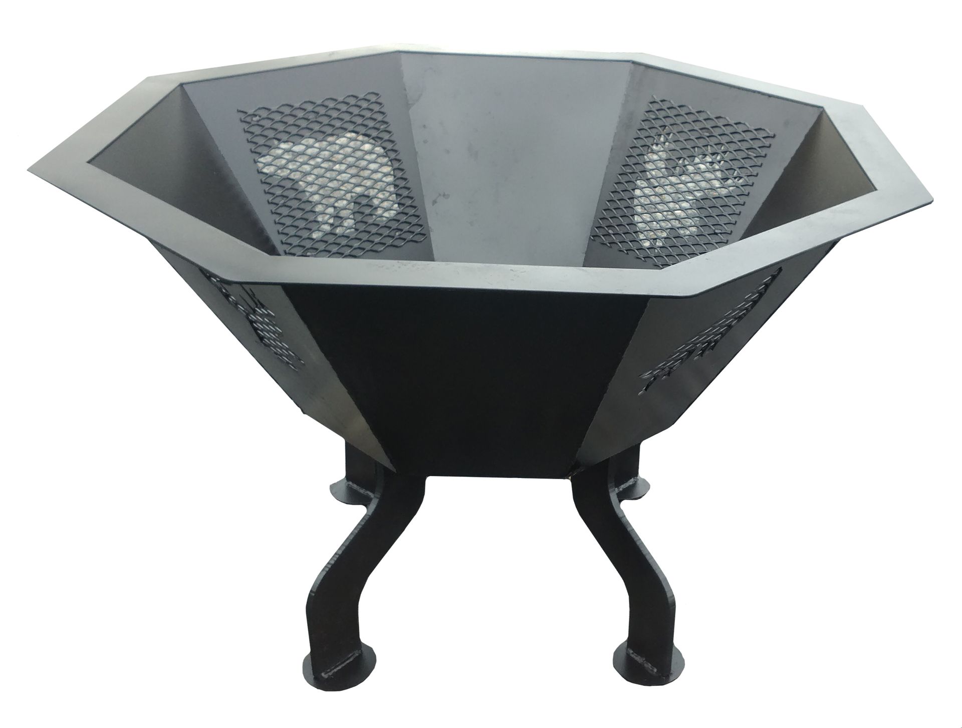 Black, geometric fire pit with bear and moose cutouts, on curved legs.