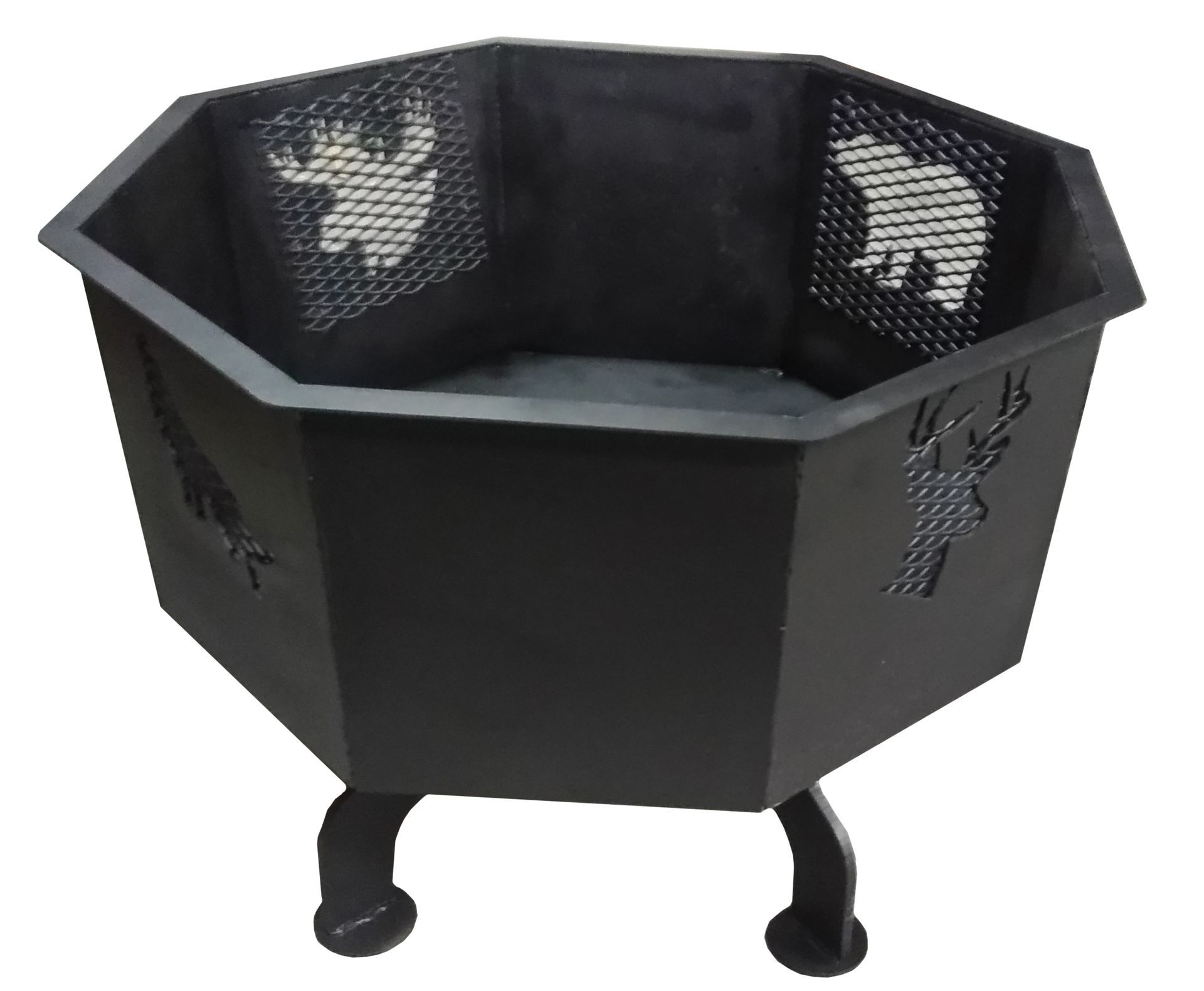 Black, octagonal fire pit with animal cutouts on the sides, supported by curved legs.