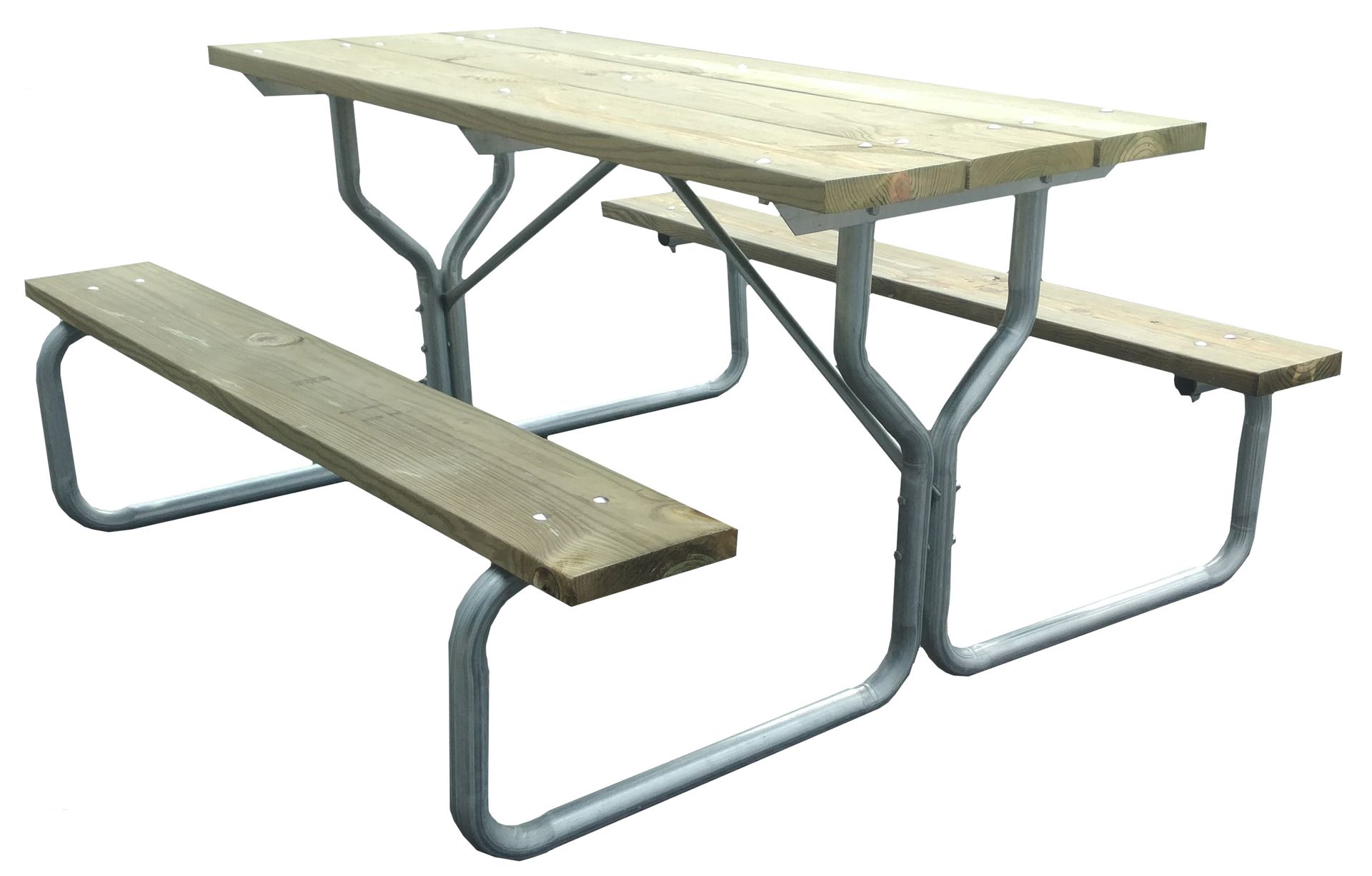 Picnic table with wooden tabletop and benches, gray metal frame.
