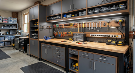 Garage workshop with workbench, tools, cabinets, and organized storage shelves