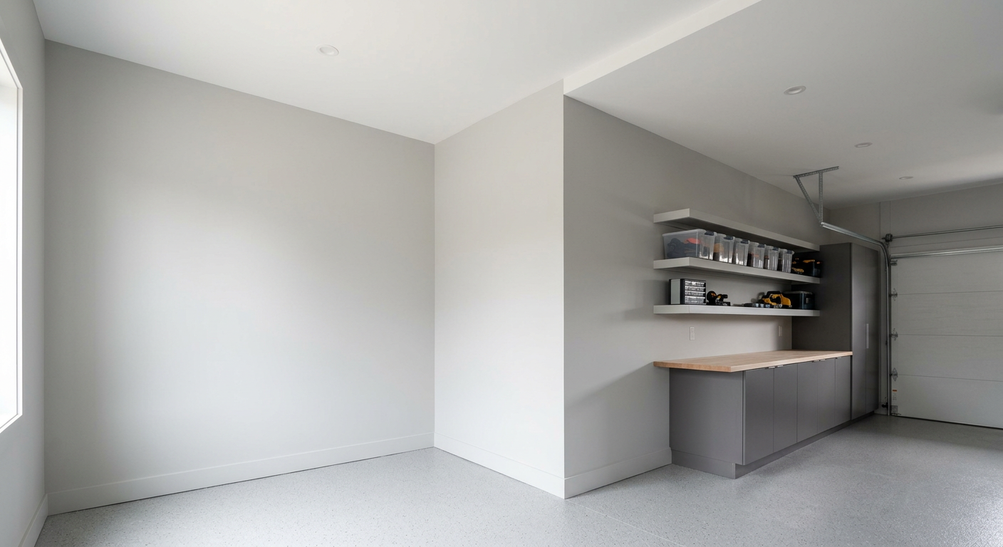 Empty gray garage with built-in workbench and shelves near a closed door