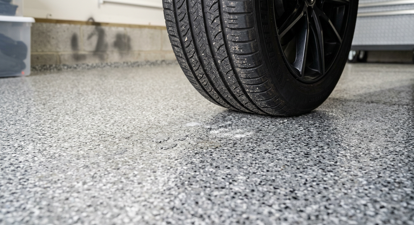 Close-up of a car tire on wet, speckled pavement near a curb