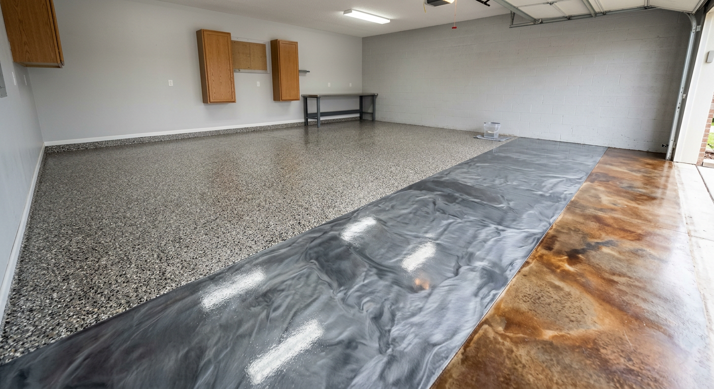 Empty garage with speckled floor, covered central strip, and cabinets on the back wall