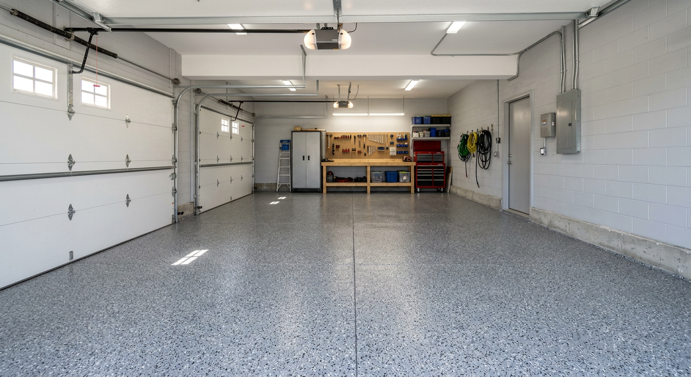 Empty garage with speckled floor, white walls, overhead lights, and workbench at the back.