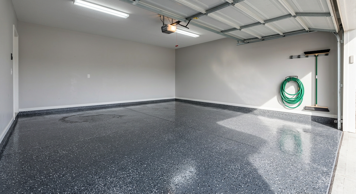 Empty garage with speckled epoxy floor, white walls, overhead lights, and a green hose reel on the right.