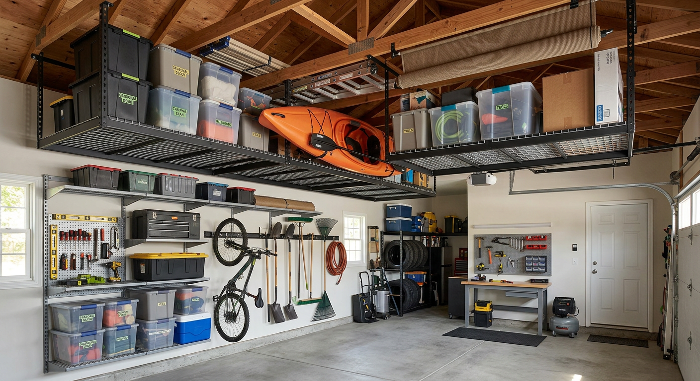 Garage with storage shelves, hanging bicycle, orange kayak overhead, and organized bins and tools.