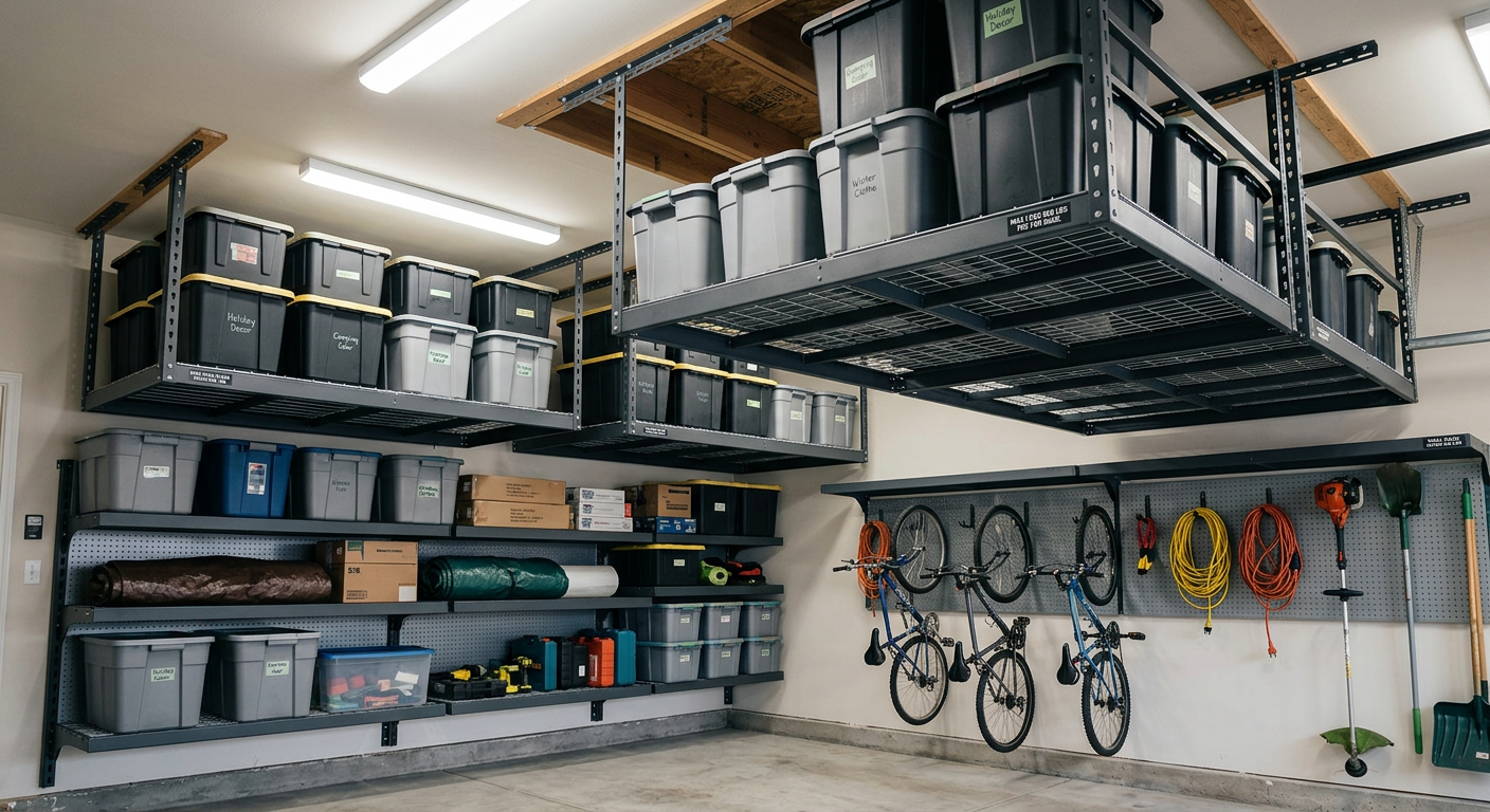 Garage storage room with wall shelves, hanging bins, bicycles, and coiled ropes on a white wall