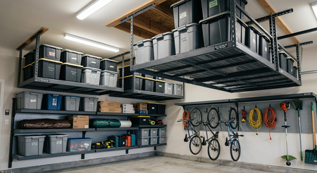 Garage storage room with wall shelves, plastic bins, hanging bikes, and organized tools on a white wall.