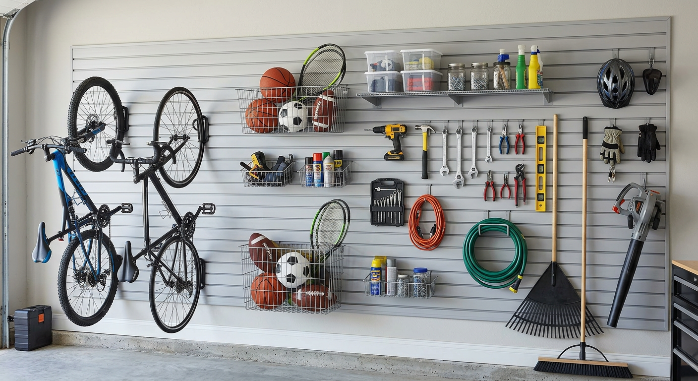 Garage wall with mounted bicycles, shelves of tools, hoses, and cleaning supplies, plus a broom and rake