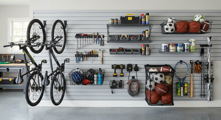 Garage wall with organized bike and sports gear storage shelves, tools, helmets, and balls