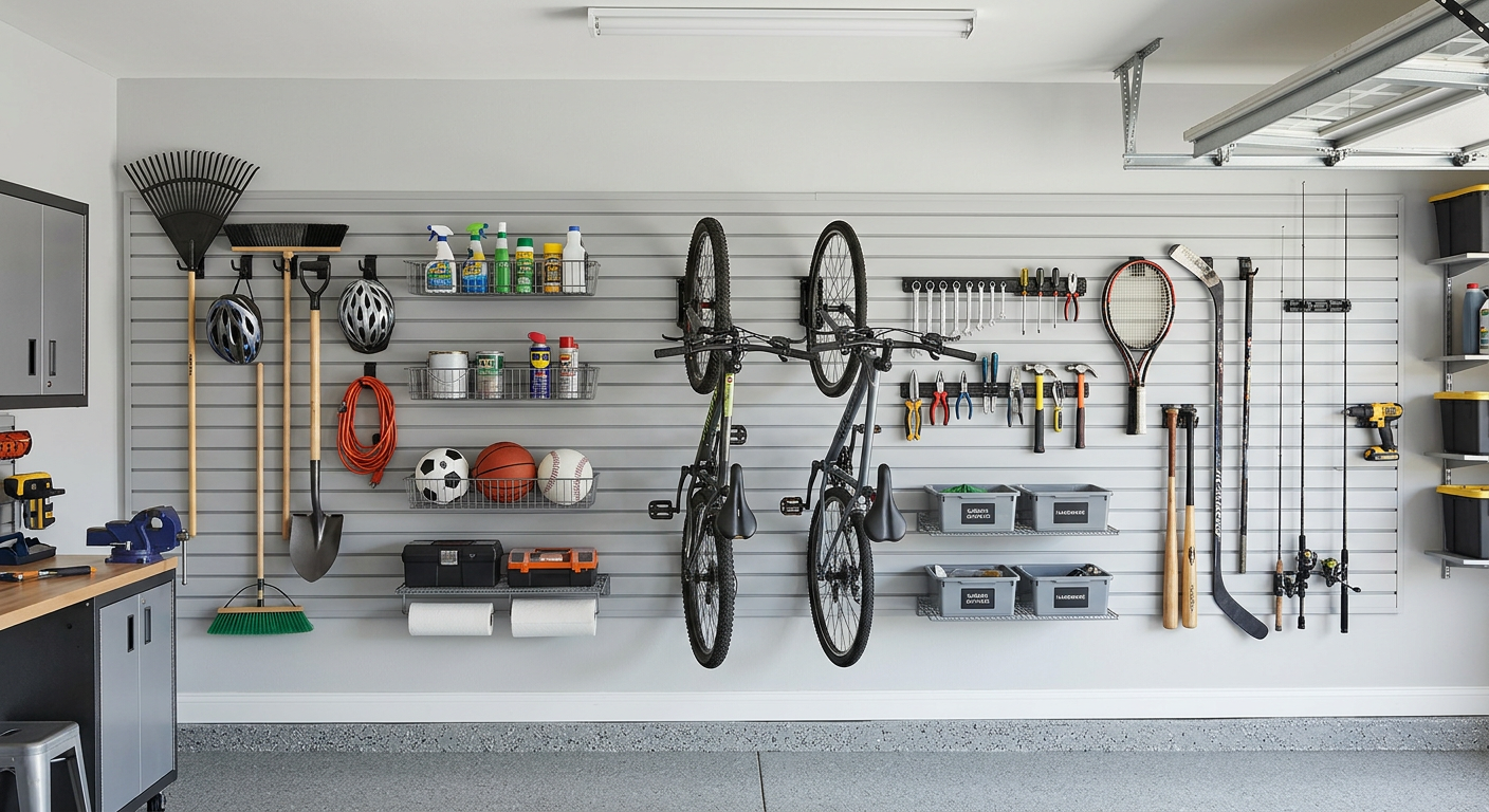 Garage wall with neatly organized tools, bicycles, shelves, and storage bins