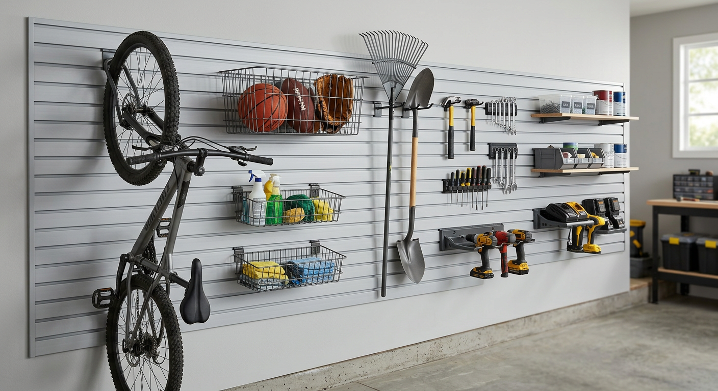 Garage wall with organized tools, shelves, and a bicycle hanging on a slatwall display