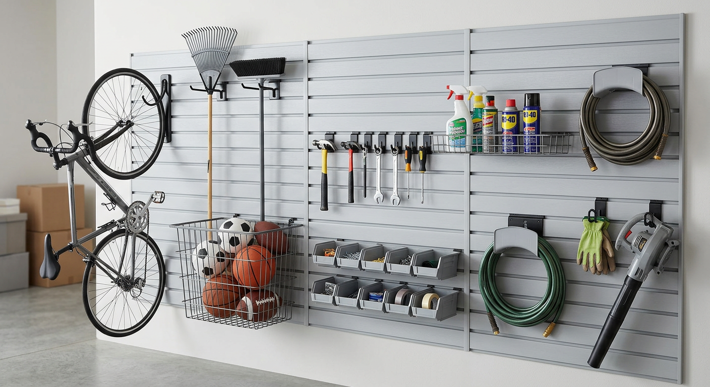 Garage wall with bikes, tools, spray cans, coiled hoses, and storage hooks on white slat panels