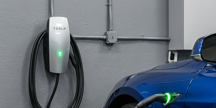 Blue electric car plugged into a wall charger in a garage