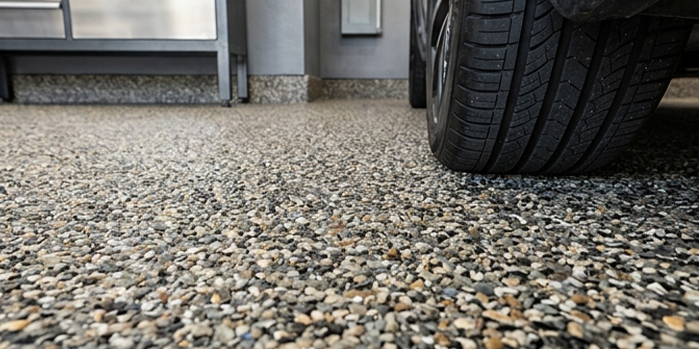 Close-up of car tires on a pebble-textured driveway near a garage door.